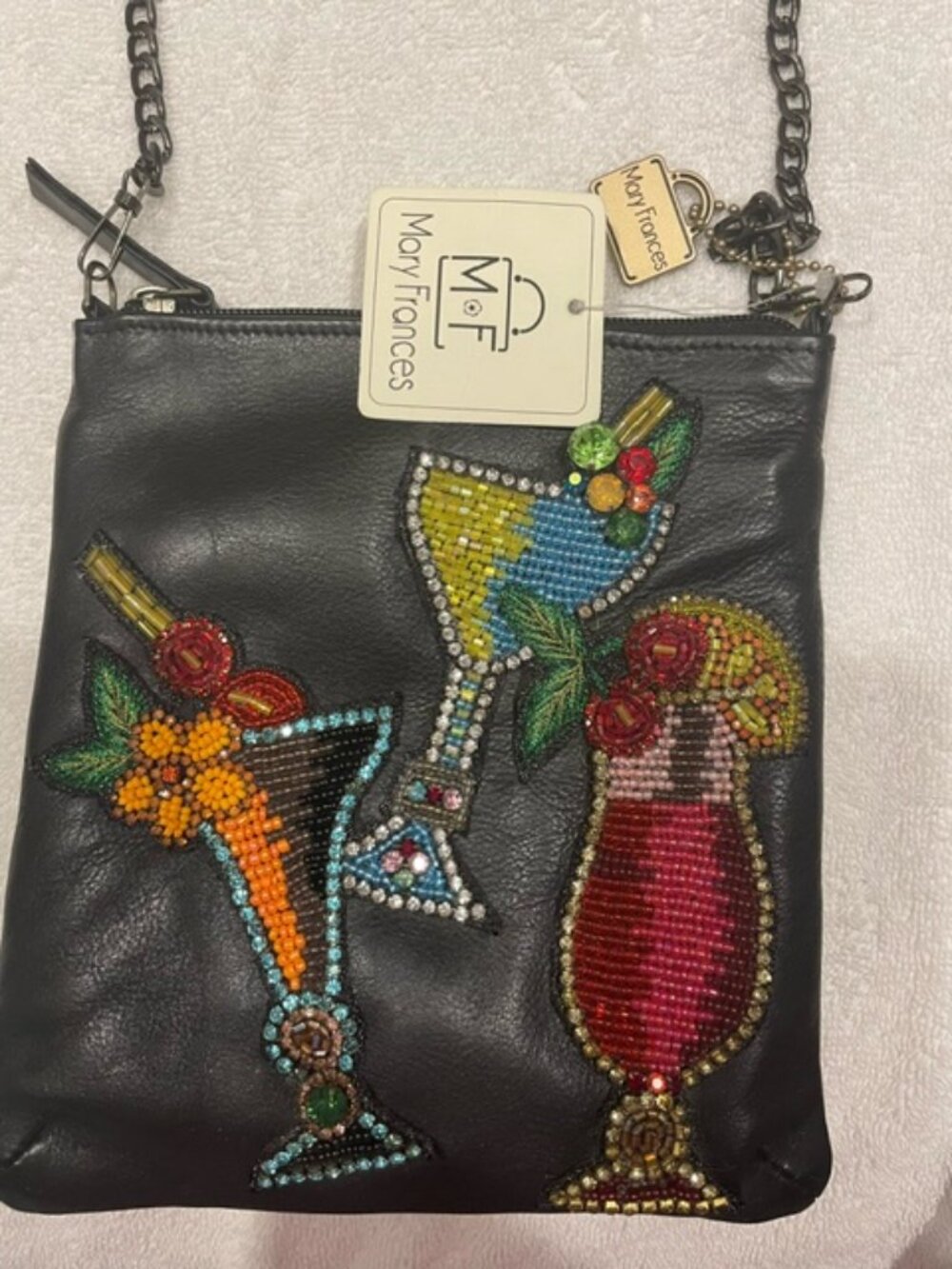 Mary Frances "Drinks on me" Mini Beaded black leather Crossbody Handbag NWT
